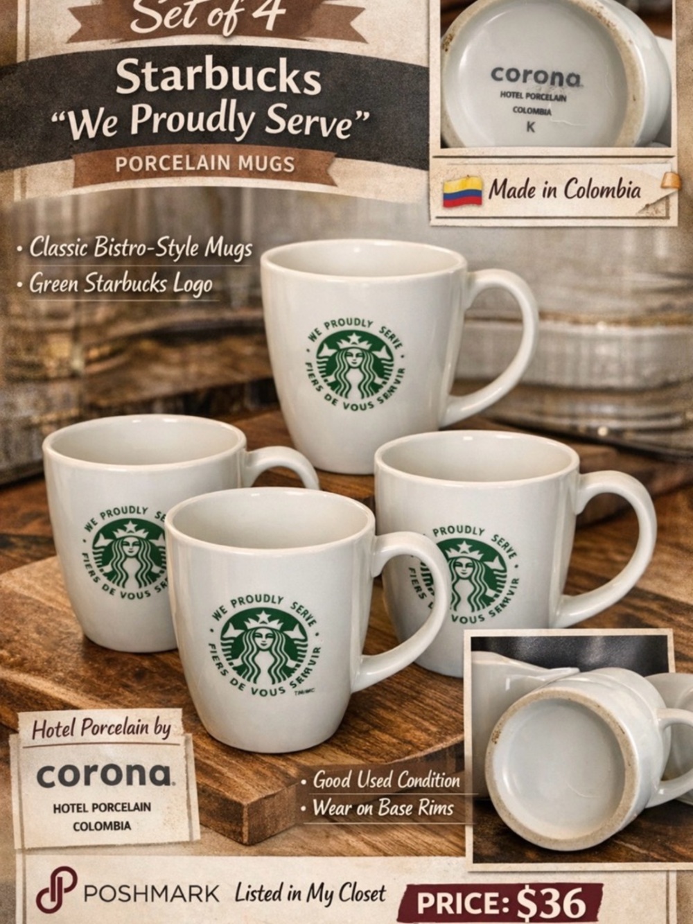 Starbucks White Porcelain Mugs with Green Logo - Set of 4